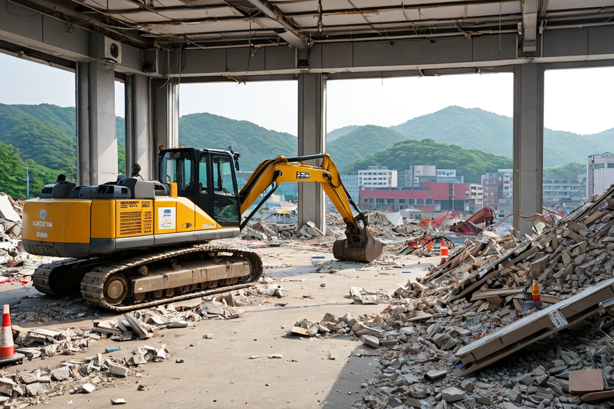 경상남도 김해시 내덕동 상가 철거 현장에서, 10년 이상의 경험을 가진 철거 업체의 안전 인증 표시가 부착된 철거 장비가 정리된 채로 배치되어 있는 모습. 철거 과정에서 발생할 수