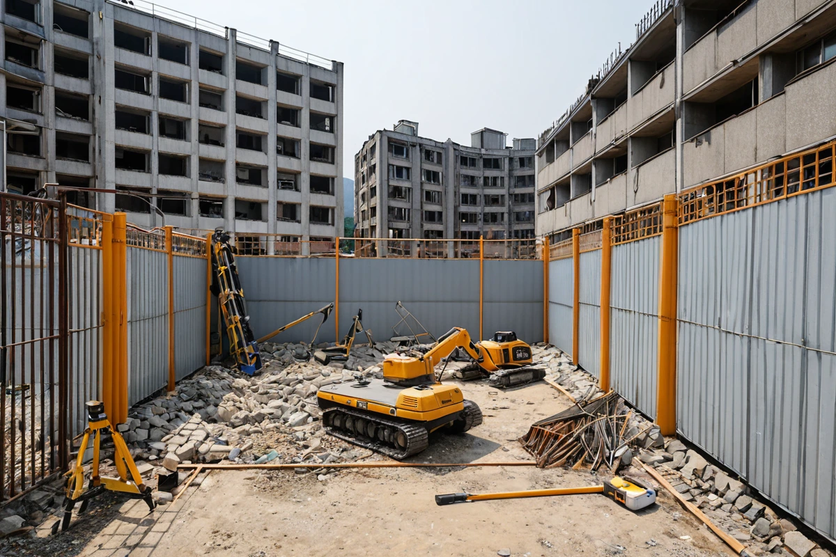 경상남도 김해시 내덕동 주택 철거 현장에서 철거 전 구조 점검을 위한 안전 장비가 배치된 장면. 철거 중인 건물 주변에 안전 울타리와 구조 점검 도구가 정리되어 있는 모습.