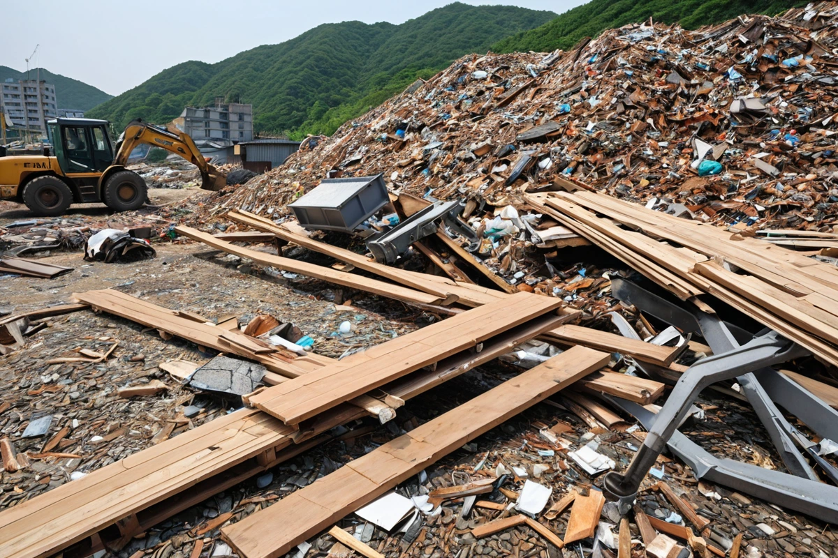 경상남도 김해시 내삼리 지역의 철거 현장에서, 폐기물이 분류되어 재활용 가능한 자재와 폐기물로 나누어진 장면. 철거 과정에서 분리된 목재와 금속 등의 재활용 자재가 정리된 모습이 