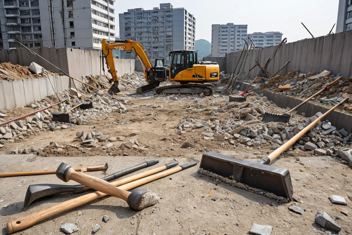 경상남도 김해시 담안리의 가벽 철거 현장에서, 철거 면적 10㎡ 규모의 가벽이 제거된 후 남은 빈 공간과 철거 도구가 정리된 모습. 철거 과정에서 사용된 안전 장비가 철저히 정리되