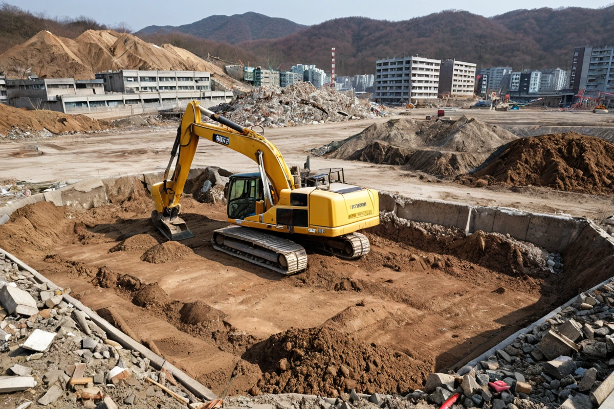 경상남도 김해시 망덕리 지역에서 철거 작업 후 토양 정화 과정을 보여주는 사진. 토양 표면에 정화 장비가 배치되어 있고, 주변에는 철거 후 남은 토목 공사 현장이 보인다.