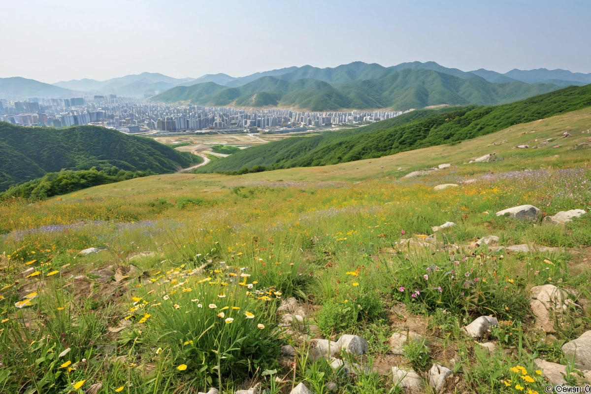 경상남도 김해시 산지와 평야가 혼재된 지역의 철거 후 원상복구 현장. 토양이 자연스럽게 정리되고, 식물이 서서히 자라나는 모습이 담긴 드넓은 풍경.