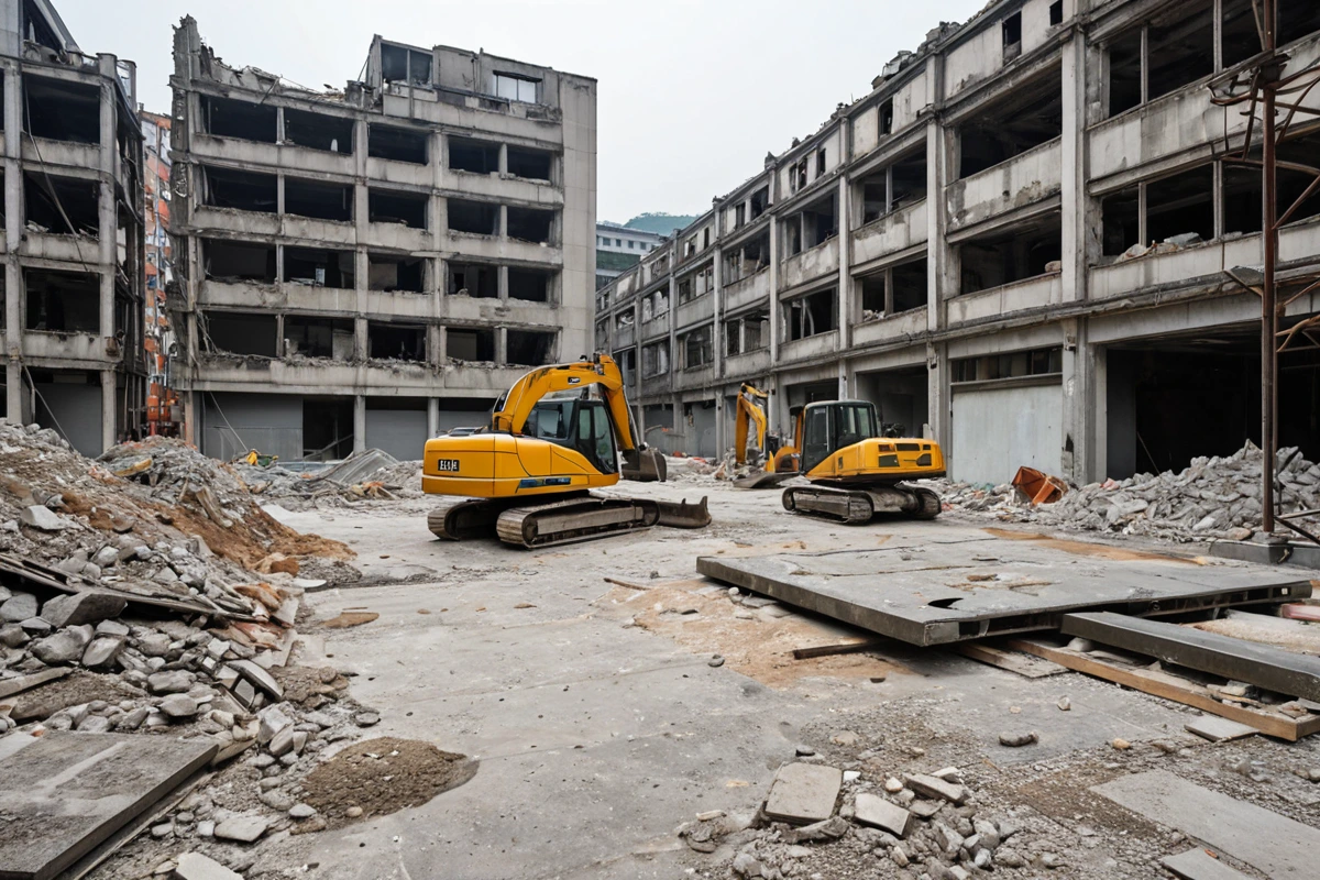 구산동 오래된 건물 철거 현장에서 철거 전 사전 준비로 철거 대상 바닥이 정확히 확인되고 있는 장면, 철거 장비와 함께 철거 전 철저한 준비 과정이 자연스럽게 드러남