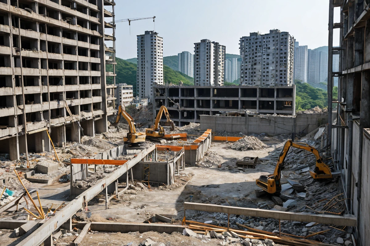 구산동 주택 철거 현장에서 구조적 안정성을 확인하는 철거 장비가 주변 건물과의 거리를 측정하는 모습, 철거 작업 중 안전을 고려한 철거 현장의 구체적인 배경이 자연스럽게 드러남