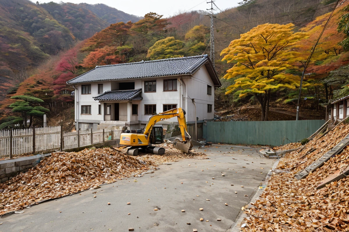 김해 내덕동의 오래된 주택 철거 현장, 20년 이상 된 주택의 구조적 안전 점검을 위해 설치된 안전 울타리와 철거 장비가 정리된 모습. 주변에는 낙엽이 쌓인 도로와 주택의 흙벽이