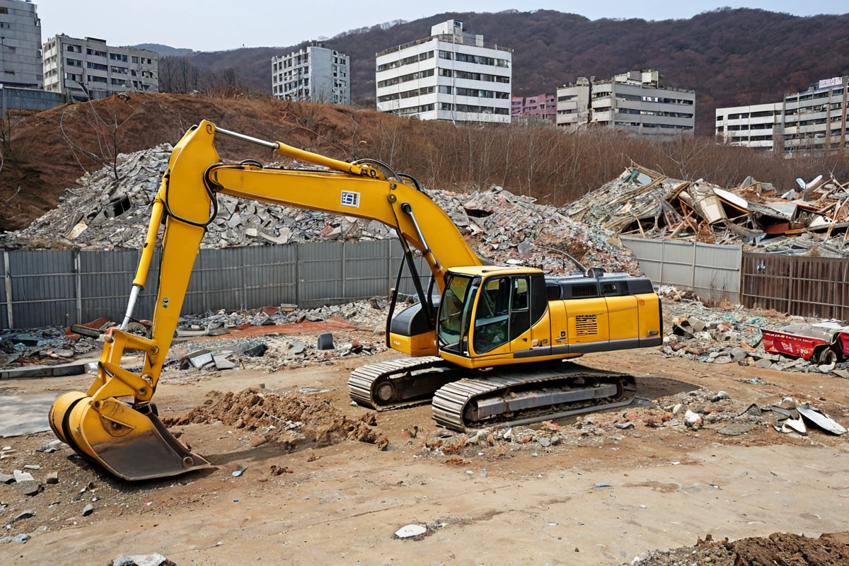김해시 괴정리에 위치한 사무실 철거 현장에서, 철거 작업 중인 중형 철거 장비가 철거 중인 구조물 주변에 정비되어 있는 모습. 철거된 구조물의 잔해가 깔끔하게 정리된 흙바닥 위에