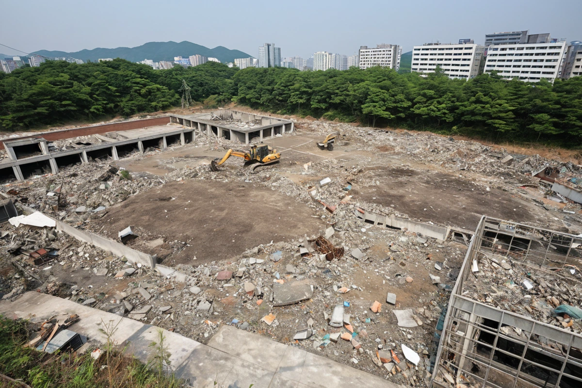 김해시 내덕동 200평 규모 상가 철거 후, 잔여물이 청소된 깨끗한 토지와 정리된 공간이 보이는 풍경. 철거 후 토지 정리가 완료되어 다음 용도로의 활용이 가능한 상태로 정리되어
