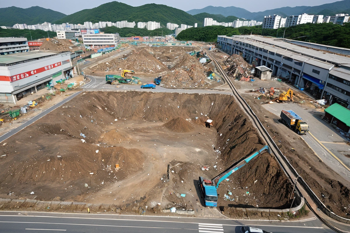 김해시 내덕동 창고 철거 현장 주변 환경. 주변 건물과 도로를 둘러싼 철거 지역의 평탄한 지형, 차량 이동 경로를 표시한 도로 표지판과 폐기물 처리 장소의 구조적 모습.