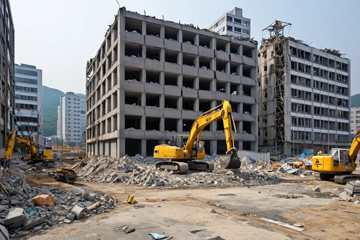 김해시 내동 지역의 사무실 철거 전문 업체가 제공하는 철거 과정의 안전한 작업 환경. 철거 구조물과 안전 장비가 배치된 사실적인 현장.