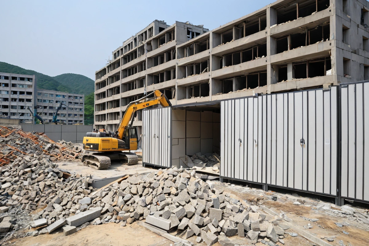 김해시 내외동 지역의 경량 구조 주택 가벽 철거 전 구조 검토를 위한 철거 업체의 장비가 정리된 현장, 구조 안정성을 확인하는 철거 장비와 철거 전 준비된 가벽 재료가 배경으로 보