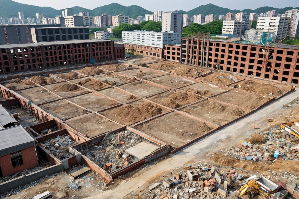 김해시 주택가의 창고 확장 프로젝트 현장, 기존 벽이 철거된 공간에 새로운 창고 구조물이 조성된 모습. 철거된 벽의 잔해가 정리된 채로 새로운 창고의 프레임이 세워져 있는 자연스러