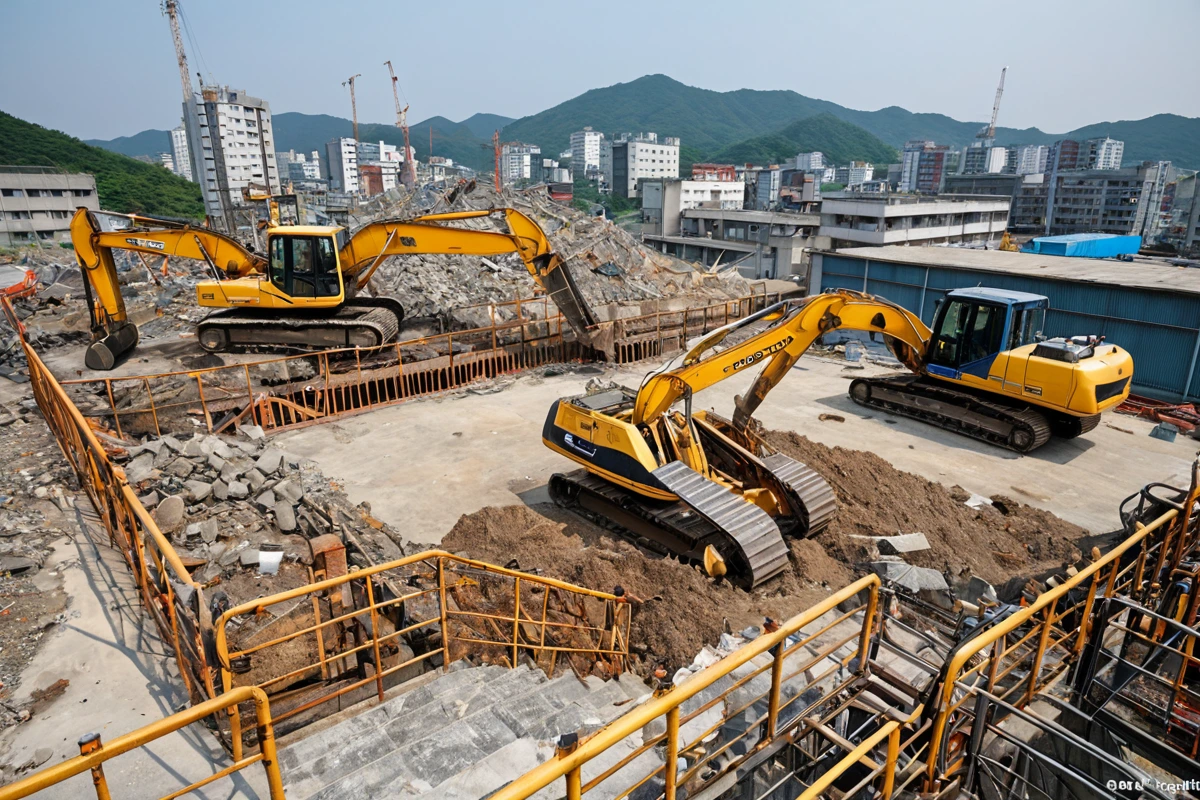 김해시 철거 현장에서 고소 작업을 위한 안전 난간과 중장비가 준비된 모습. 안전 장비 점검 표시물이나 인물 없이 중장비와 안전 난간이 자연스럽게 배치된 장면.