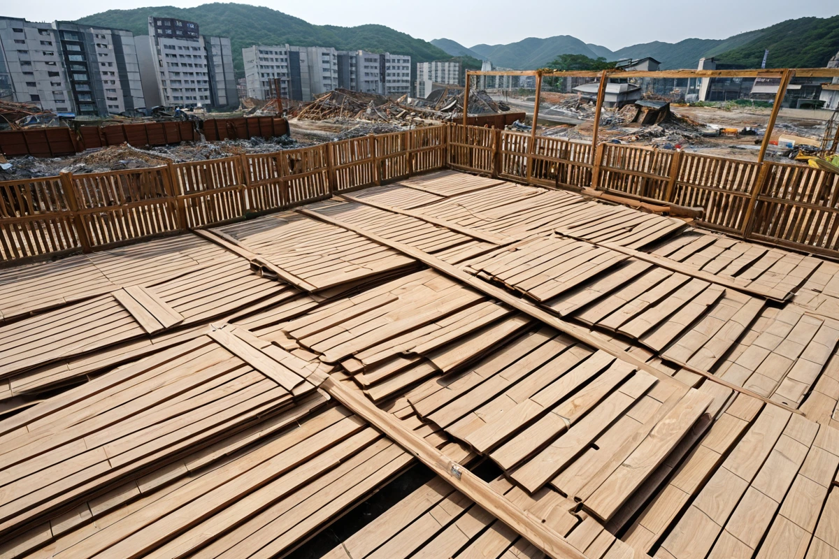 김해시 칠산서부동의 주택 마루 철거 현장에서, 철거 중인 마루의 재질과 크기에 따라 분리된 목재 조각들이 정리된 모습. 주변에는 철거 작업을 위한 안전 울타리가 설치되어 있고, 철