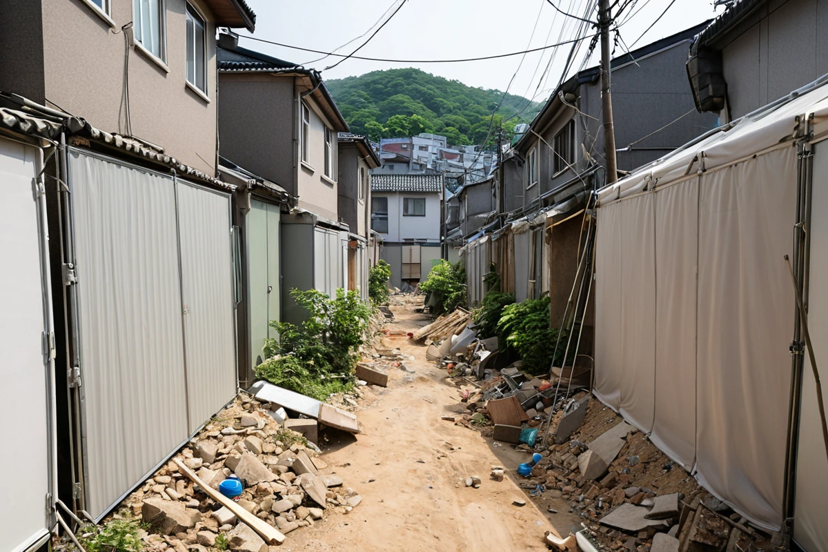 내덕동 주거 지역의 협소한 골목에서 철거 작업 중인 현장, 먼지 차단용 천막과 소음 방지용 패널이 설치된 모습. 주변 주택의 창문과 정원이 보이는 자연스러운 주거 환경 배경.