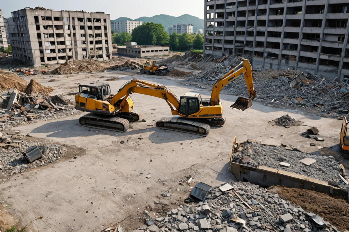 대동면 주택 철거 현장에서 철거 작업이 진행 중인 모습. 주변 건물과 주민들이 보이지 않는 조용한 시간대의 오전 9시 경, 철거 장비가 정리된 철거 현장이 배경으로 보인다.