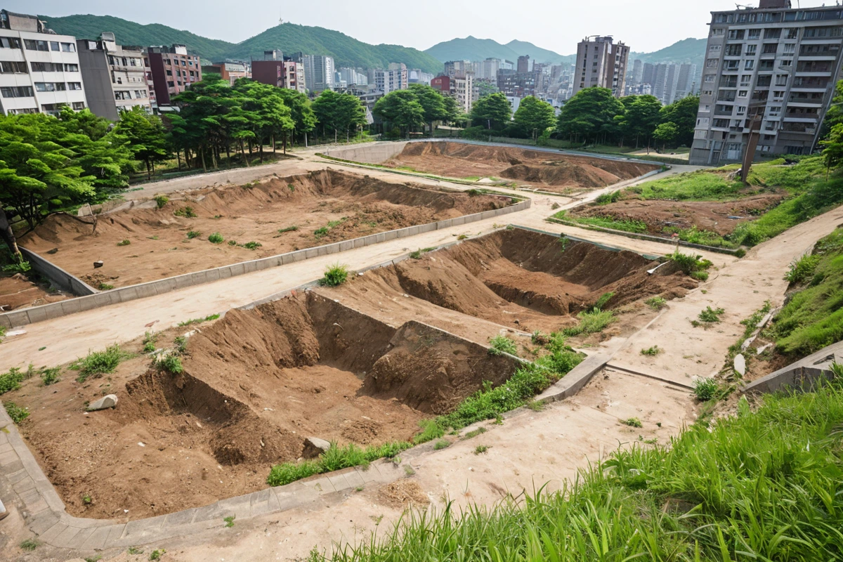대성동 지역의 점포 철거 후 원상복구 작업 중 철거 잔해가 철저히 정리된 공원 형태의 공간. 땅 표면이 평탄하게 복구되어 있으며, 주변에 철거 후 남은 흙과 돌이 없음.