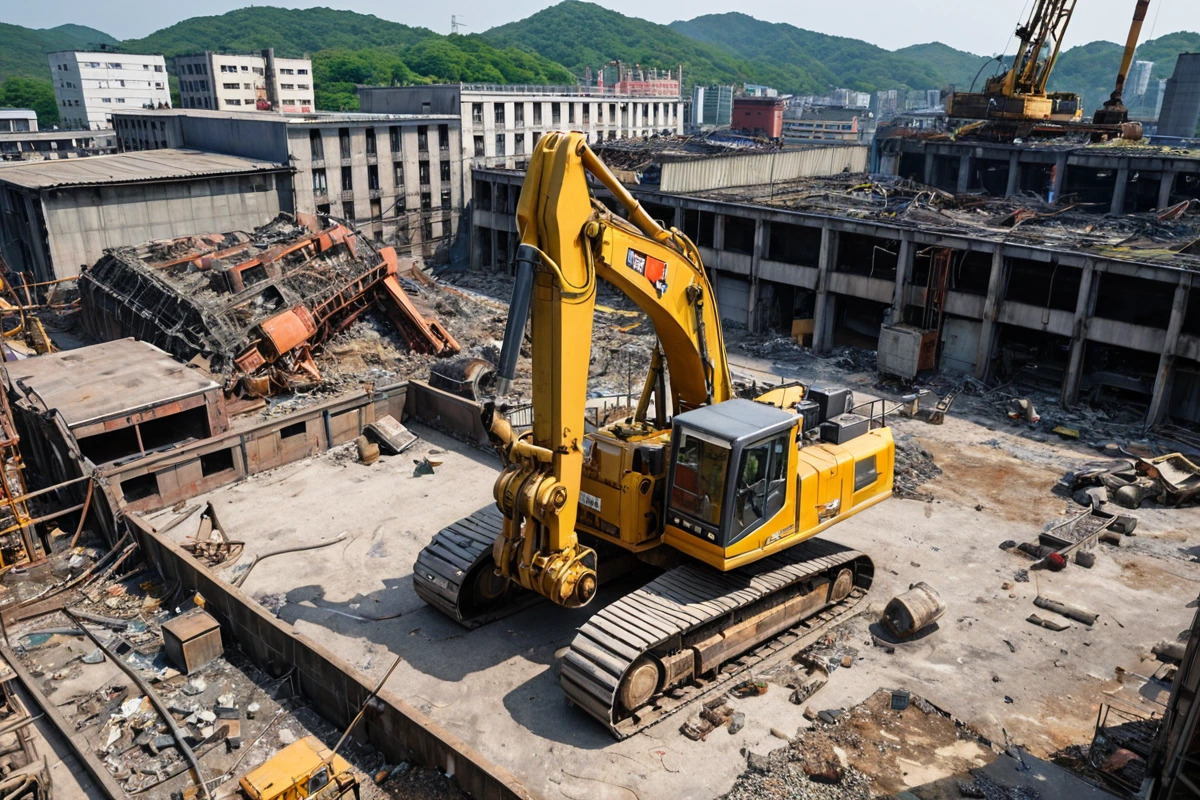 무계동 공장 철거 현장에서 기계 장비가 철거 작업을 진행 중인 모습, 화학 물질 처리를 위한 특수 용기와 사전 점검을 위한 장비가 정리된 배경