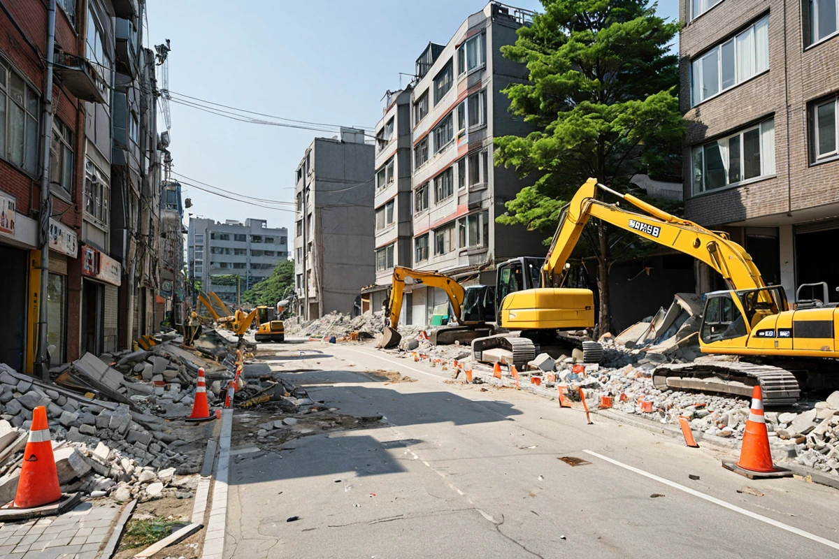 회현동 지역의 상가와 주거지가 혼재된 도로 주변에서 안전 관리 체계를 갖춘 철거 작업 현장. 철거 장비가 안전하게 배치되고 주변 건물과의 거리가 적절히 유지된 모습의 사실적인 사진